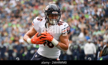 Chicago Bears tight end Jake Tonges warms up on the field at the NFL  football team's practice facility in Lake Forest, Ill., Wednesday, June 15,  2022. (AP Photo/Nam Y. Huh Stock Photo 