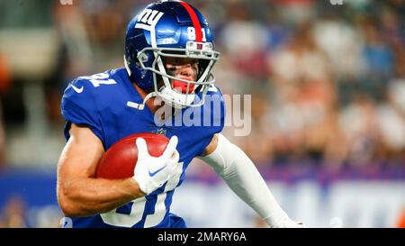 New York Giants wide receiver Alex Bachman (81) celebrates after scoring a  touchdown during an NFL preseason football game against the Cincinnati  Bengals, Sunday, Aug. 21, 2022 in East Rutherford, N.J. The