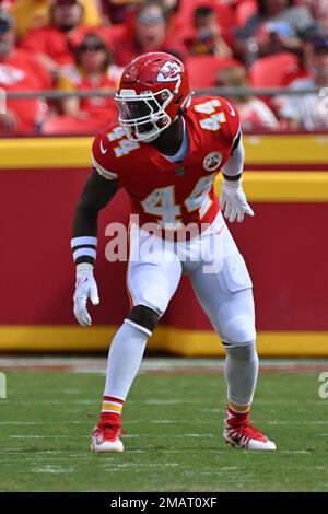 Kansas City Chiefs linebacker Jermaine Carter (53) runs on the field during  the first half of a preseason NFL football game against the Chicago Bears,  Saturday, Aug. 13, 2022, in Chicago. (AP