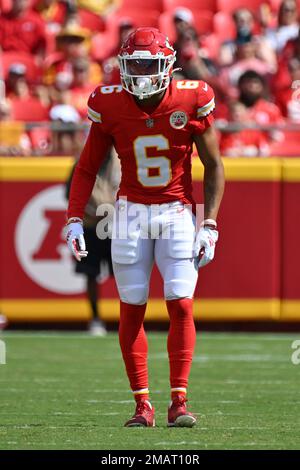 Kansas City Chiefs safety Bryan Cook (6) gets set on defense during an NFL  pre-season football game against the Washington Commanders Saturday, Aug.  20, 2022, in Kansas City, Mo. (AP Photo/Peter Aiken