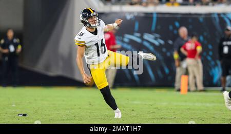 Pittsburgh Steelers place kicker Nick Sciba (16) kicks off during the  second half of an NFL preseason football game against the Jacksonville  Jaguars, Saturday, Aug. 20, 2022, in Jacksonville, Fla. (AP Photo/Gary