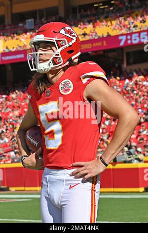 Kansas City Chiefs punter Tommy Townsend during pre-game warmups before the  NFL AFC Championship football game against the Cincinnati Bengals, Sunday,  Jan. 30, 2022 in Kansas City, Mo.. (AP Photos/Reed Hoffmann Stock