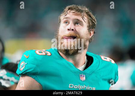 Miami Dolphins linebacker Porter Gustin (96) stands on the sidelines during  an NFL football game against the Philadelphia Eagles, Saturday, Aug. 27,  2022, in Miami Gardens, Fla. (AP Photo/Doug Murray Stock Photo - Alamy