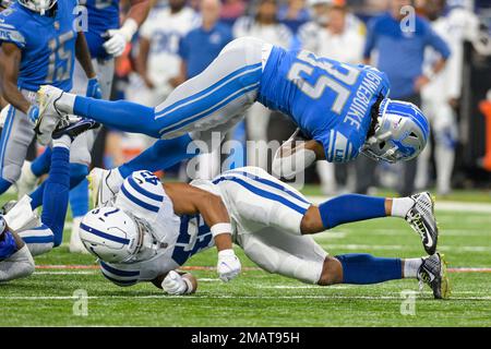 Detroit Lions running back Godwin Igwebuike (35) celebrates after a long  run during an NFL football game against the Indianapolis Colts, Saturday,  Aug. 20, 2022, in Indianapolis. (AP Photo/Zach Bolinger Stock Photo - Alamy