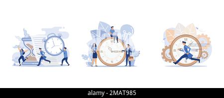 Concept save time, Money saving, alarm clock rings on white background, people rush to do everything at work, set flat vector modern illustration Stock Vector