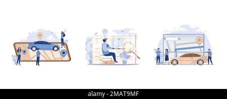 Gps system, online courses and business, financial saving insurance, set flat vector modern illustration Stock Vector