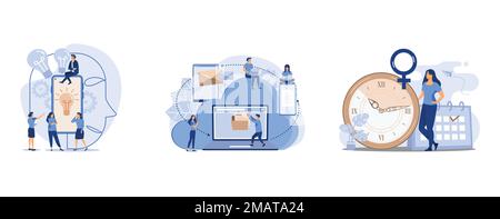the company is engaged in a joint search for ideas, data processing, Young woman marks the date of her period in the online calendar, set flat vector Stock Vector
