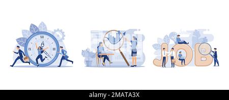 work time management concept, office workers are studying the infographic, job search, set flat vector modern illustration Stock Vector