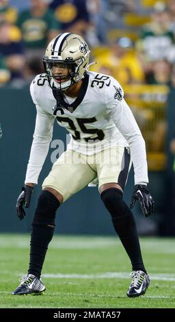 New Orleans Saints cornerback Vincent Gray (35) reacts to a play during an  NFL preseason football game against the Los Angeles Chargers, Friday, Aug.  26, 2022, in New Orleans. (AP Photo/Tyler Kaufman