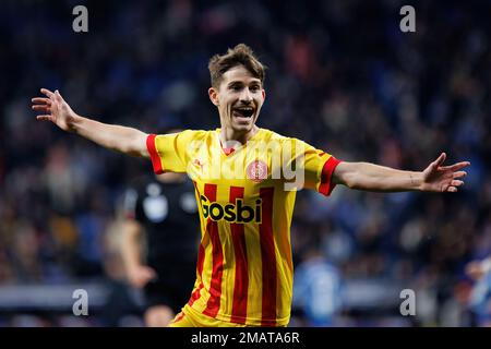 BARCELONA - JAN 7: Toni Villa celebrates after scoring a goal at the LaLiga match between RCD Espanyol and Girona FC at the RCDE Stadium on January 7, Stock Photo