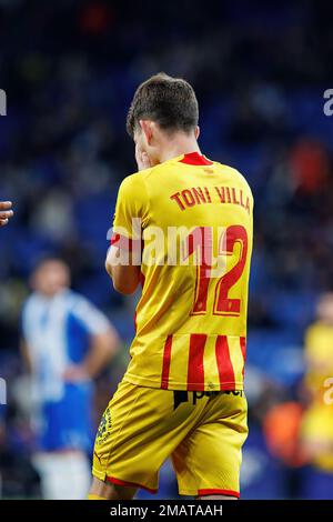 BARCELONA - JAN 7: Toni Villa celebrates after scoring a goal at the LaLiga match between RCD Espanyol and Girona FC at the RCDE Stadium on January 7, Stock Photo