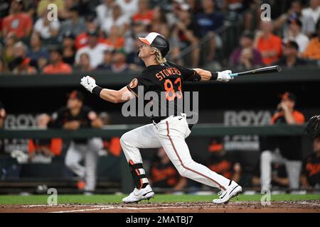 Baltimore Orioles Kyle Stowers (83) bats bats during a spring training  baseball game against the Philadelphia Phillies on March 26, 2023 at Ed  Smith Stadium in Sarasota, Florida. (Mike Janes/Four Seam Images