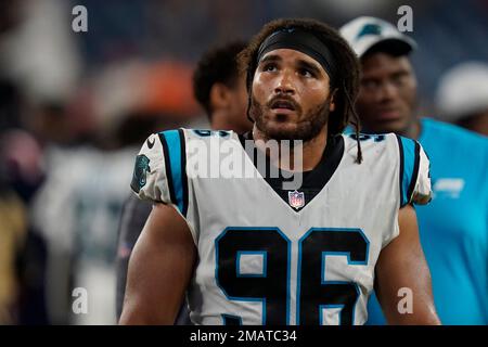 Buffalo Bills running back Raheem Blackshear (35) is tackled by Carolina  Panthers defensive end Austin Larkin (