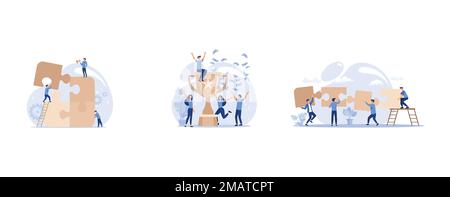 people connecting puzzle elements, gold cup trophy symbol icon in flat style, Symbol of teamwork, cooperation, partnership, set flat vector modern ill Stock Vector
