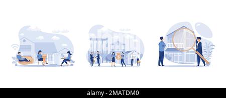 group of people working from home on the internet online, Buying and choosing housing, real estate business concept, set flat vector modern illustrati Stock Vector