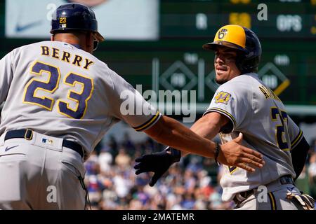 Milwaukee Brewers' Willy Adames, right, celebrates after his base hit  during the eighth inning of a baseball game against the Toronto Blue Jays,  Sunday, June 26, 2022, in Milwaukee. (AP Photo/Kenny Yoo