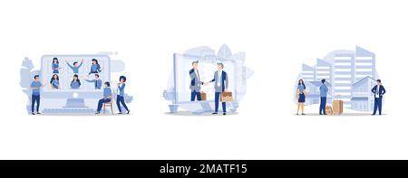 Group of people having on site meeting with two colleagues remotely discussing via video call, Online agreement, conclusion of the transaction, real e Stock Vector