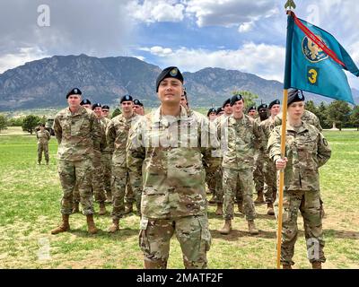 Soldiers from 3rd Space Company, 2nd Space Battalion, 1st Space Brigade, stand in formation during the 2nd Space Battalion Change of Command at Fort Carson, Colorado Stock Photo