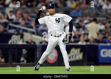 A detail of New York Yankees' Oswaldo Cabrera's tattoo seen during the  fifth inning of a baseball game against the Boston Red Sox Sunday, Sept.  25, 2022, in New York. (AP Photo/Jessie