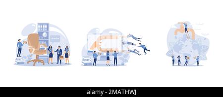 Recruitment recruitment agency job seekers job applicants and office chair open vacancy, generating potential customers, save energy and water, set fl Stock Vector