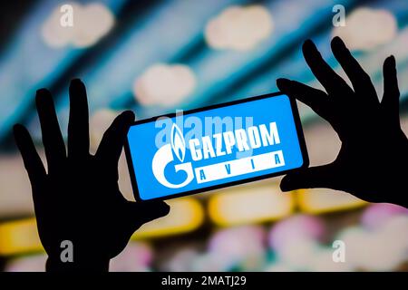 Brazil. 19th Jan, 2023. In this photo illustration, the Gazpromavia logo is displayed on a smartphone screen. (Photo by Rafael Henrique/SOPA Images/Sipa USA) Credit: Sipa USA/Alamy Live News Stock Photo