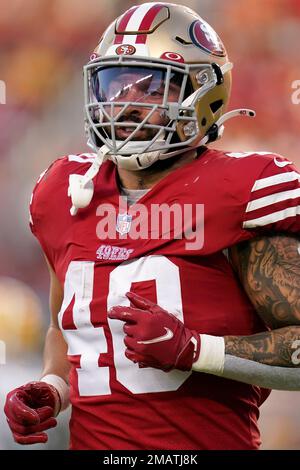 San Francisco 49ers' Josh Hokit waits to run a drill at the NFL