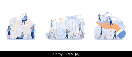 frequently asked questions people around exclamations and question marks, teamwork on finding new ideas, in the big hand the earth with a plant, set f Stock Vector