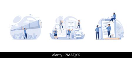 watching through a spyglass, teaching children to learn from books and the Internet, little people fill out a form, set flat vector modern illustratio Stock Vector