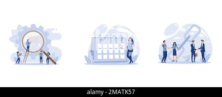 analyze data, pregnant woman expecting childbirth looking at the calendar, handshake concept, set flat vector modern illustration Stock Vector