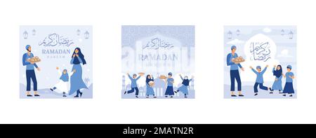 Iftar Eating After Fasting feast party concept, Moslem family dinner on Ramadan Kareem or celebrating Eid with people character, web landing page temp Stock Vector