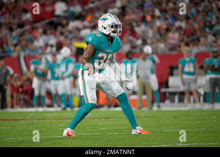 Miami Dolphins cornerback Quincy Wilson (36) covers a receiver as he looks  toward the quarterback during an NFL football game against theTampa Bay  Buccaneers, Saturday, Aug. 13, 2022 in Tampa, Fla. The Dolphins defeat the  Buccaneers 26-24. (AP