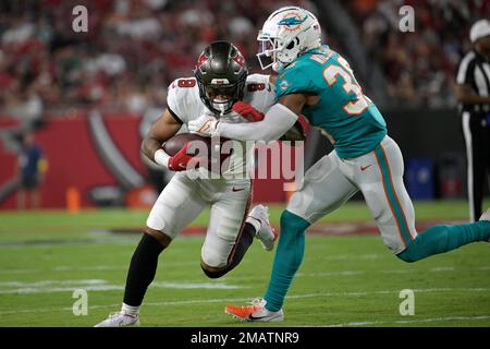 Miami Dolphins cornerback Quincy Wilson (36) covers a receiver as he looks  toward the quarterback during an NFL football game against theTampa Bay  Buccaneers, Saturday, Aug. 13, 2022 in Tampa, Fla. The