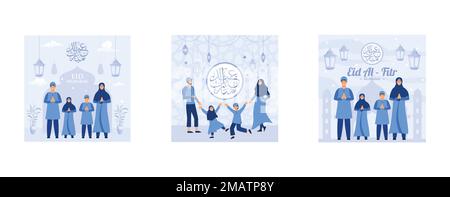 big family say happy eid mubarak with ketupat decoration, happy islamic family in traditional dress celebrating and enjoying on occasion of muslim com Stock Vector