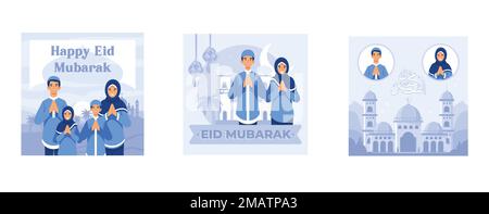 eid kareem / mubarak (full of blessing) greeting design, Muslim couple illustration for Eid Mubarak greetings, Happy Eid Al-fitr, set flat vector mode Stock Vector