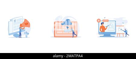 Content and mass media marketing, Cloud computing service, modern teaching tool and interactive learning concept, set flat vector modern illustration Stock Vector