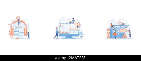 End user with magnifier finding information in laptop with headset, Rating site, professional rank site, content rating page concept, Executive manage Stock Vector