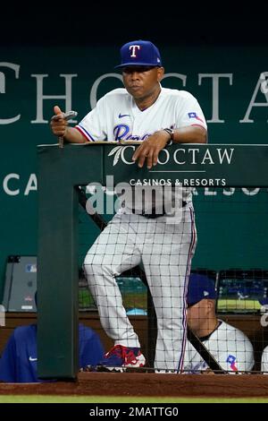 Texas Rangers interim manager Tony Beasley watches the team's play ...