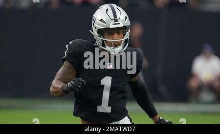 Las Vegas Raiders wide receiver Tyron Johnson (1) runs with the ball during  an NFL football game against the Miami Dolphins, Saturday, Aug. 20, 2022,  in Miami Gardens, Fla. (AP Photo/Doug Murray