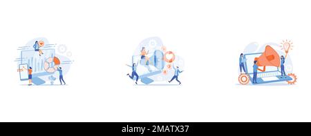Customer relationship management, Social media influencers with loudspeaker cartoon characters, Creative digital advertising campaign, agitational mes Stock Vector