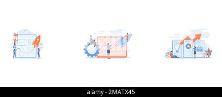 Startup new business project, Productivity, efficiency of production, qualification concept, Online education, e learning, set flat vector modern illu Stock Vector