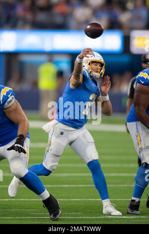 Houston, USA. October 2, 2022: Chargers quarterback Chase Daniel (4) on the  field during warmups before the start of an NFL game between the Texans and  the Chargers on Oct. 2, 2022