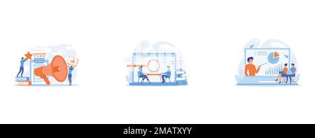Megaphone and businessmen rate with stars and thumb up icons, Computer lab, academic laboratory, public library or Internet cafe, Digital classroom, f Stock Vector