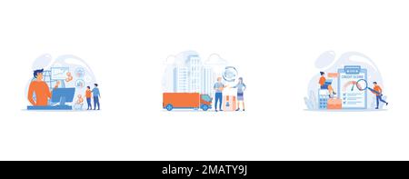 Business strategy and budget planning, Urban cargo trucking, goods transportation business, cash refund, parcel return concept, Tiny people analysts e Stock Vector