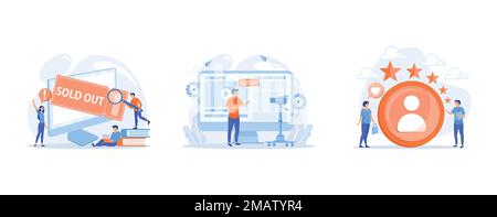 Online booking system, Video bloging, web television or embedded video concept, Marketer measuring customer satisfaction and rating stars, set flat ve Stock Vector