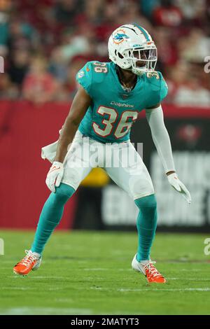 Miami Dolphins cornerback Quincy Wilson (36) covers a receiver as he looks  toward the quarterback during an NFL football game against theTampa Bay  Buccaneers, Saturday, Aug. 13, 2022 in Tampa, Fla. The Dolphins defeat the  Buccaneers 26-24. (AP