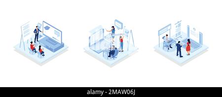 People joining smart classes via teaching software, video conferencing, data visualizations, online training, E learning teaching software interface, Stock Vector