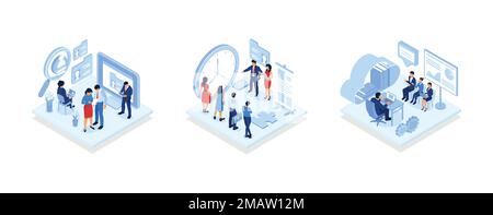 hiring and recruitment concept for web page, banner, presentation, Business people select staff, Positive first impression on job interview, isometric Stock Vector