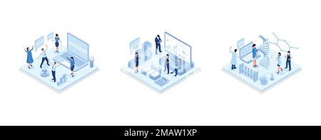 Startup concept with rocket launch, Financial management concept, Scientists characters standing together, isometric vector modern illustration Stock Vector