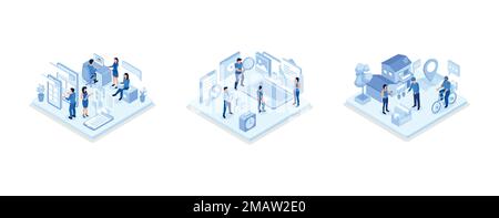 Development team at work concept, People team work together in web industry, Online Delivery Service Web Banner Template, isometric vector modern illu Stock Vector