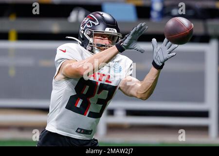 Atlanta Falcons wide receiver Jared Bernhardt (83) runs the ball past New  York Jets cornerback Javelin Guidry (40) during the first half of an NFL  football game, Monday, Aug. 22, 2022, in